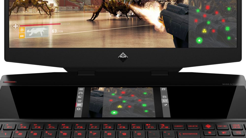 Den bærbare spill-PC-en HP Omen X 2S er utstyrt med en 6 tommers berøringsskjerm som er montert mellom tastaturet og hovedskjermen. Den kan vise separate applikasjoner eller utsnitt av hovedskjermen.