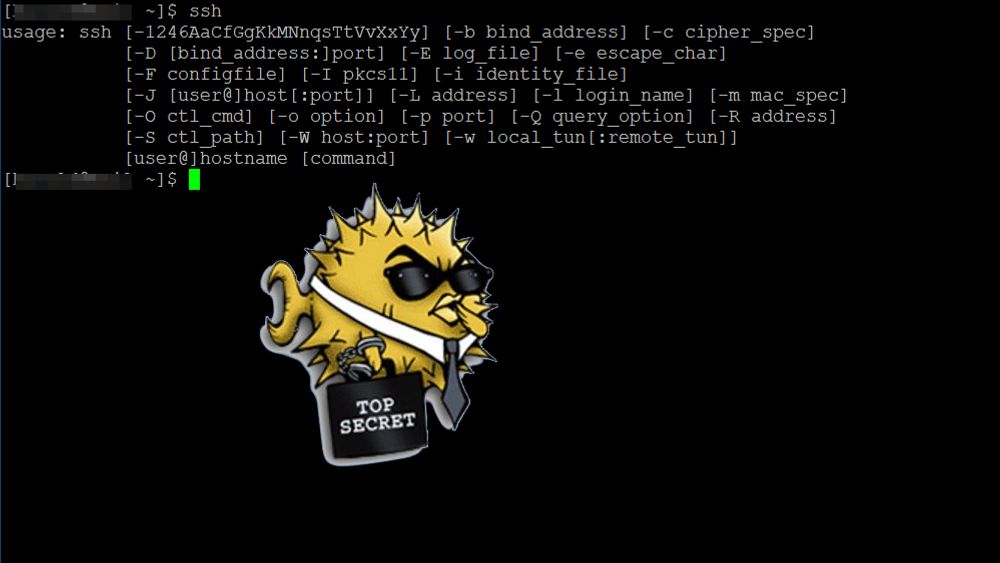 OpenSSH i terminalvindu, samt prosjektets egen versjon av OpenBSD-maskoten Puffy.