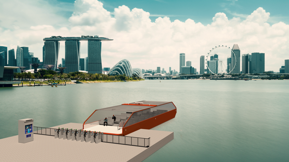 Store byer ved havet eller ved store elver i Asia er ideelle for autonome småferger. Aferry. Dette er Singapore. 
