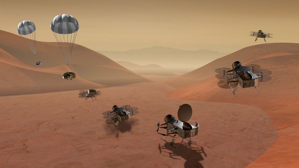 En grafisk framstilling fra NASA viser Dragonfly-dronen i ulike faser av når den etter planen i 2034 skal lande på Saturns måne Titan. Dronen skal utforske flere steder på månen, noen av dem med lange avstander imellom, i jakten på muligheten for å finne støtte for mikrobielt liv.