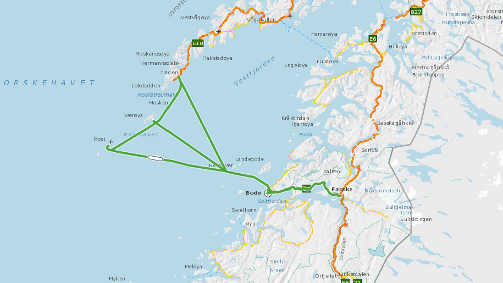 Riksvei 80 Vestfjordsambandet trafikeres i dag av Torghatten Nord.