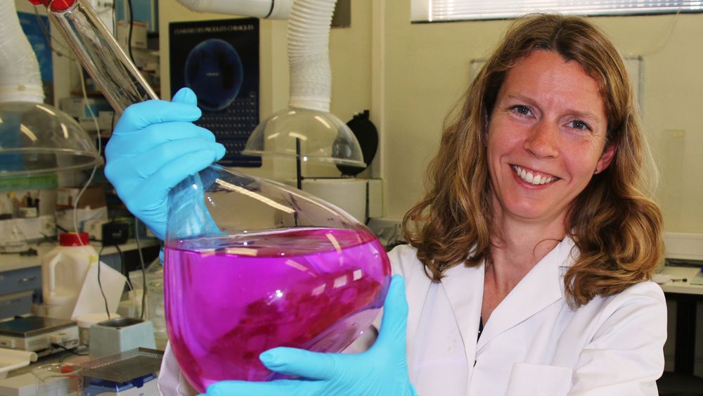Forsker Sissel Opsahl Viig med en flaske som inneholder en av de tracerne som vurderes brukt i prosjektet. Den er sterkt fluorescerende og vil kunne detekteres i meget lave konsentrasjoner og dermed kunne gi informasjon om reservoaret uten å påvirke egenskapene eller de fysiske forholdene i reservoaret. Dermed kan man få korrekt informasjon om reservoaregenskapene og oljemetningen i det.