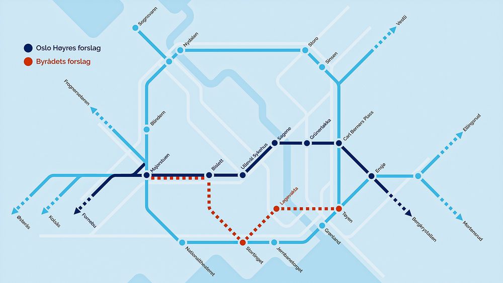 Oslo Høyres forslag om å legge den nye T-banetunnelen lenger nord, vil redusere muligheten for at traseen vil komme i berøring med problematsik alunskiver. NB: Grafikken er ikke en geografisk gjengivelse av t-banen. 