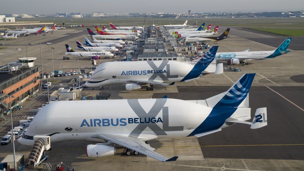 De to første Beluga XL-flyene på Airbus-fabrikken på Toulouse-Blagnac lufthavn. De skal settes i drift tidlig i 2020.