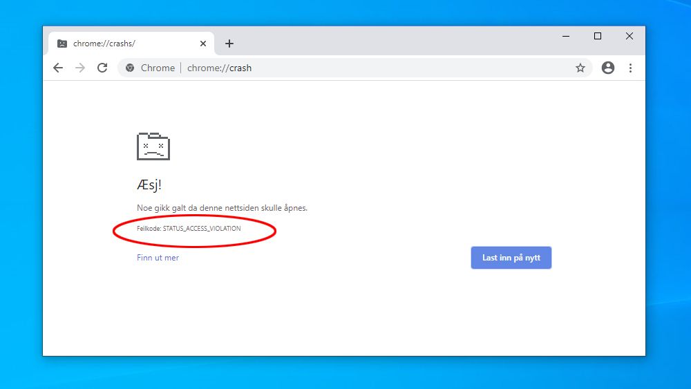 Demonstrasjon av hvordan de nye feilmeldingene ser ut i Chrome Canary når en fane krasjer.
