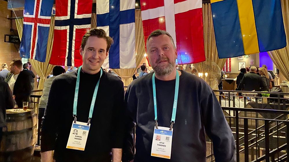Daniel Hessen (t.v.) og CEO Atle Timenes fikk napp på årets CES da selveste BBC laget et innslag om selskapet. Her på den nordiske samlingen i regi av Nordic Innovation House. 