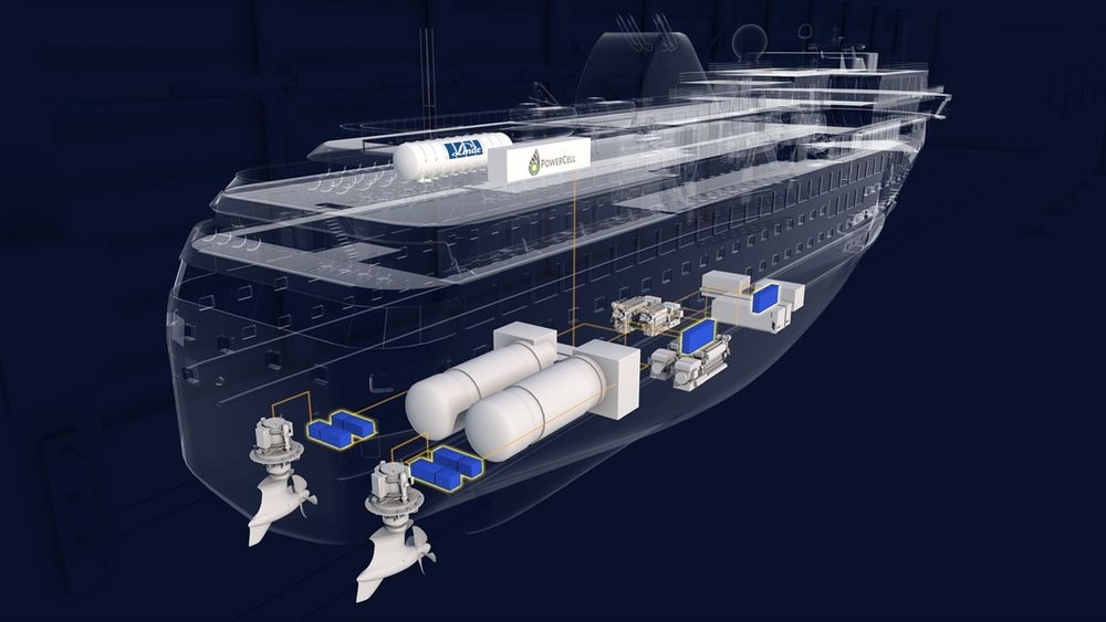 Havyard Group har jobbet med hydrogen for skip i rundt tre år og mener de kan begynne kommersialisering. Illustrasjonen viser framdriftssystem for et skip av kystrutestørrelse med LNG-motorer/tanker, azipull-propeller og H2-tank og brenselceller på ett av de øverste dekkene.