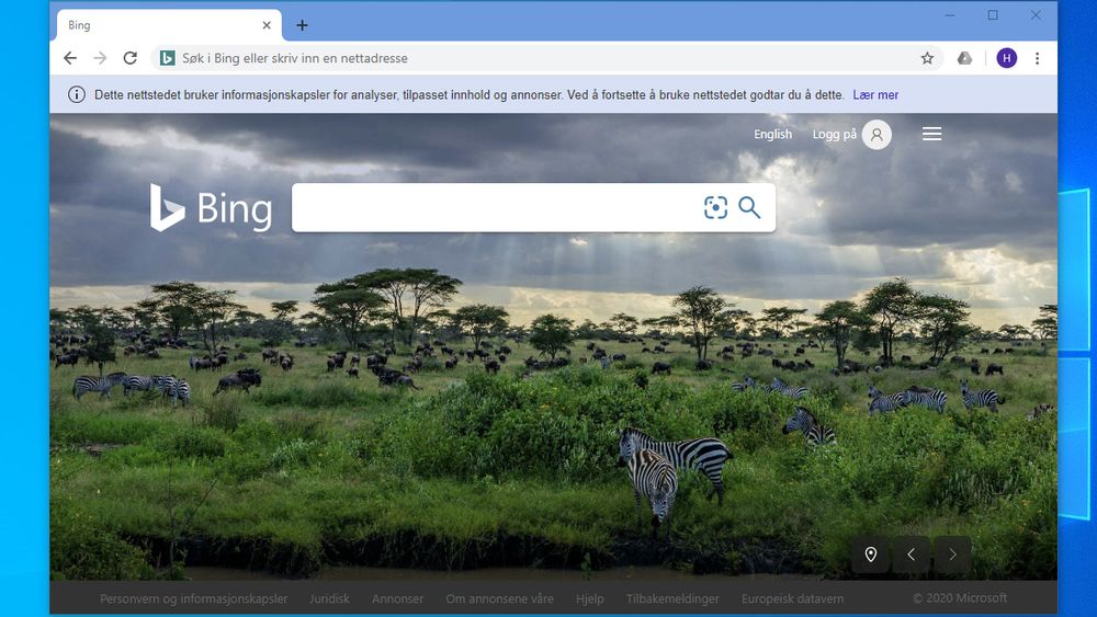 Google Chrome hvor Google-søket er byttet ut med Microsoft Bing.