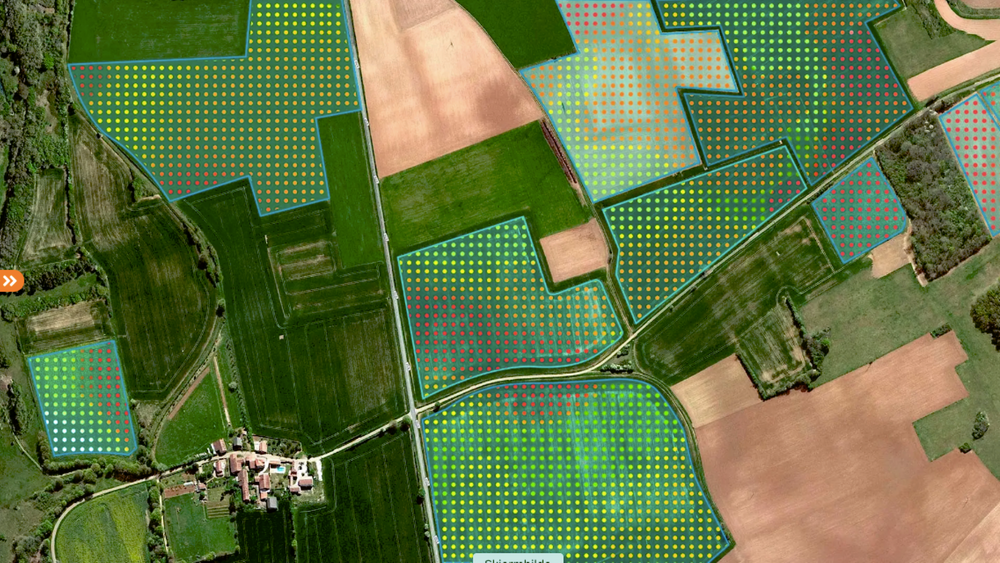 Ved å analysere satellittbilder av bondens åkre, beregner Yara veksten i de ulike delen av jordene og viser med ulike fargekoder hvor det trengs mer nitrogen. 