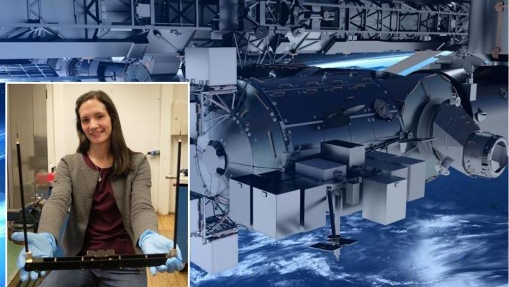 Overingeniør Maren Charlotte Lithun med oppfinnelsen som snart skal festes til Den internasjonale romstasjonen