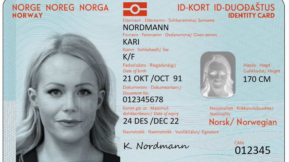 Dette utkastet fra 2018 viser hvordan de nye nasjonale ID-kortene skal se ut.