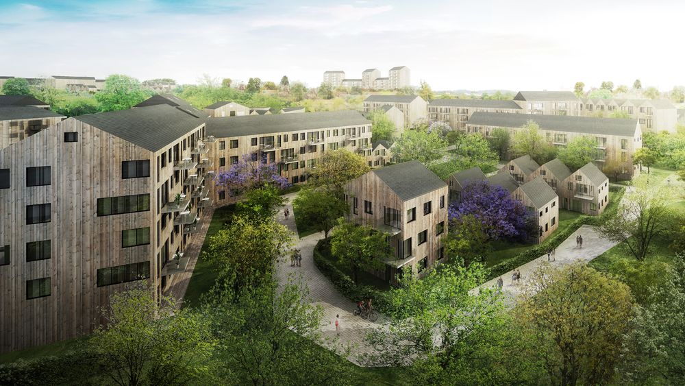 Lette materialer er ett av valgene som bidrar til reduserte klimagassutslipp. Illsutrasjonen viser ZEN-prosjektet Ydalir i Elverum.