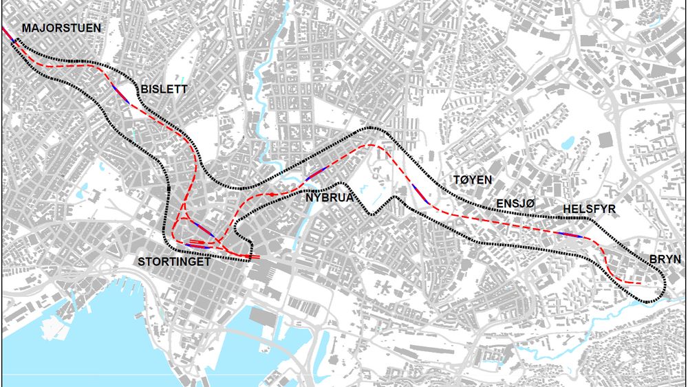 Illustrasjonen viser forslag til T-banenettet med ny tunnel og et kart over planområdet (sort markering), forslag til trasé (stiplet rød linje) og stasjoner (rød med blå markering).