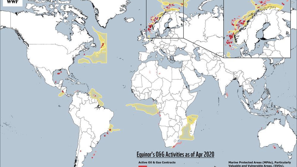 Kartet viser aktive kontrakter hvor Equinor er oppført som operatør eller partner eller der selskapet har aktive og planlagte olje- og gassbrønner i april 2020. Datasettet inneholder ikke alle prosjekter Equinor er involvert i, for eksempel har ikke WWF data på alt i USA og Russland. De gule feltene angir sårbare områder.
