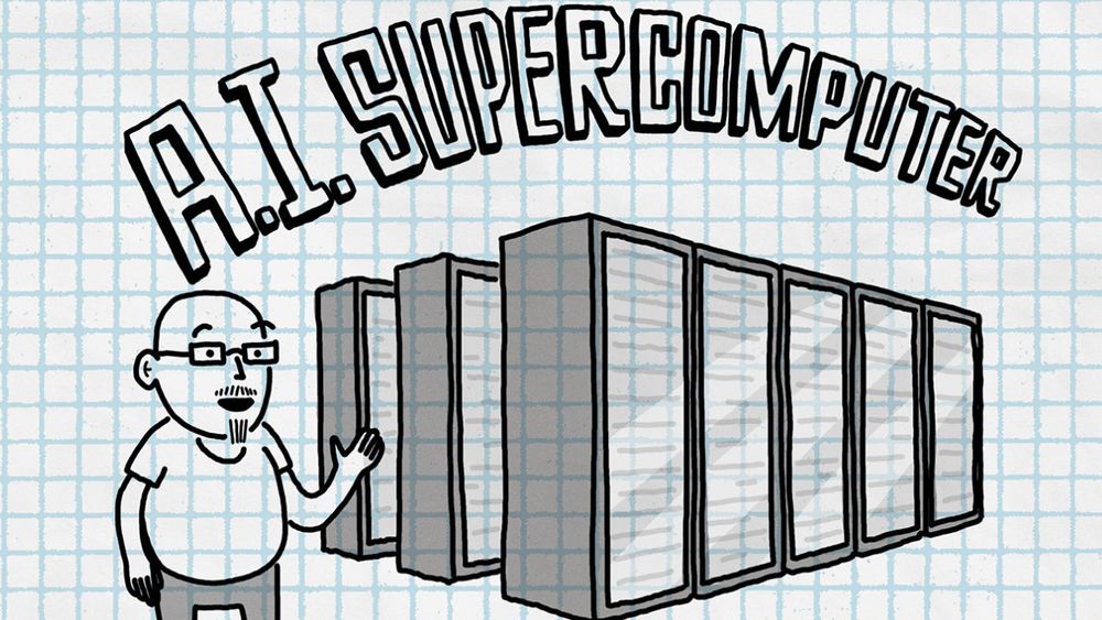 Tegning av Microsofts nye AI-superdatamaskin. Trolig er det Microsofts CTO, Kevin Scott, som er avbildet ved siden av den.