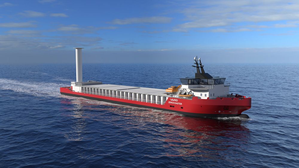 Vard Zerocoaster. Konsept for et bulkskip uten utslipp og med Flettner-rotor som utnytter vind til framdrift og elektrisk selvlossemaskin på traversplattform.