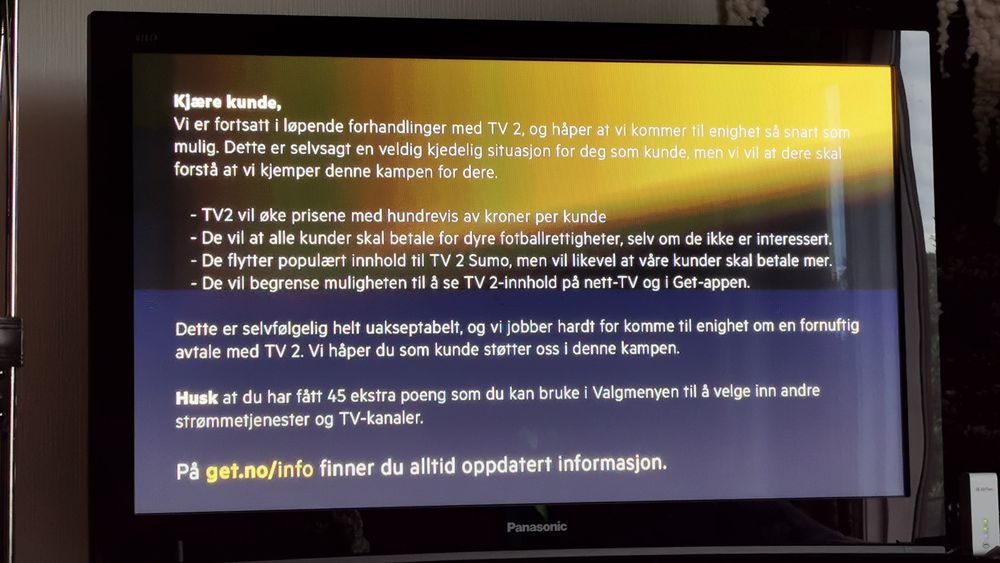 Denne skjermen har møtt Get-kundene som forsøkte å se TV 2-innhold. De fastlåste forhandlingene mellom Telia og TV 2 har rammet kundene siden 1. juni.