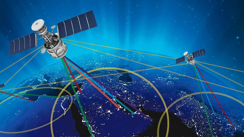 Laser Light Communications har kalt sitt laserbaserte nettverk for Halo. Som tegningen illustrerer kan satellitten kommunisere via laser med jorda - når det ikke er overskyet vær. 