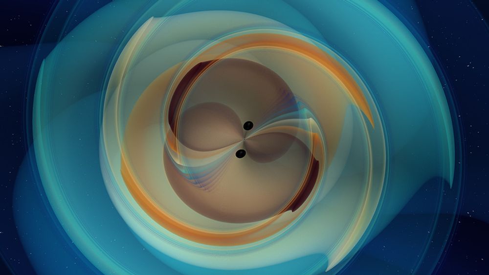 Simulering av kollisjonen mellom de to sorte hullene, som ble oppdaget 21. mai 2019.