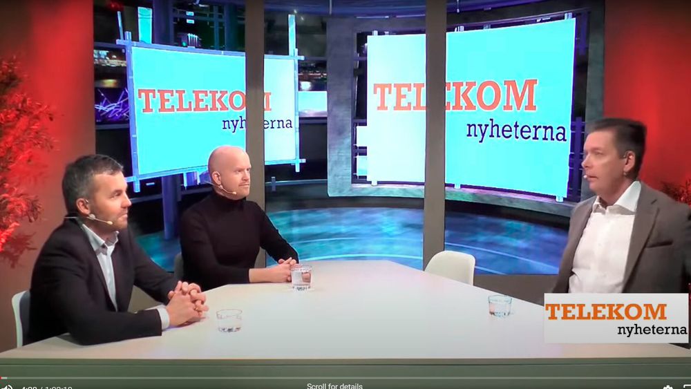 Her fra en websendt debatt i fjor høst, der Kenneth Fredriksen, leder for Huawei i Norden og baltikum drøftet reglene for 5G-auksjonen i Telekomnyheternas studio med Telenor Sveriges Jimmy Ahlstrand (i midten). Til høyre redaktør Mats R. Sjödin som mener svenske telemyndigheter har satt seg selv i ei klemme.