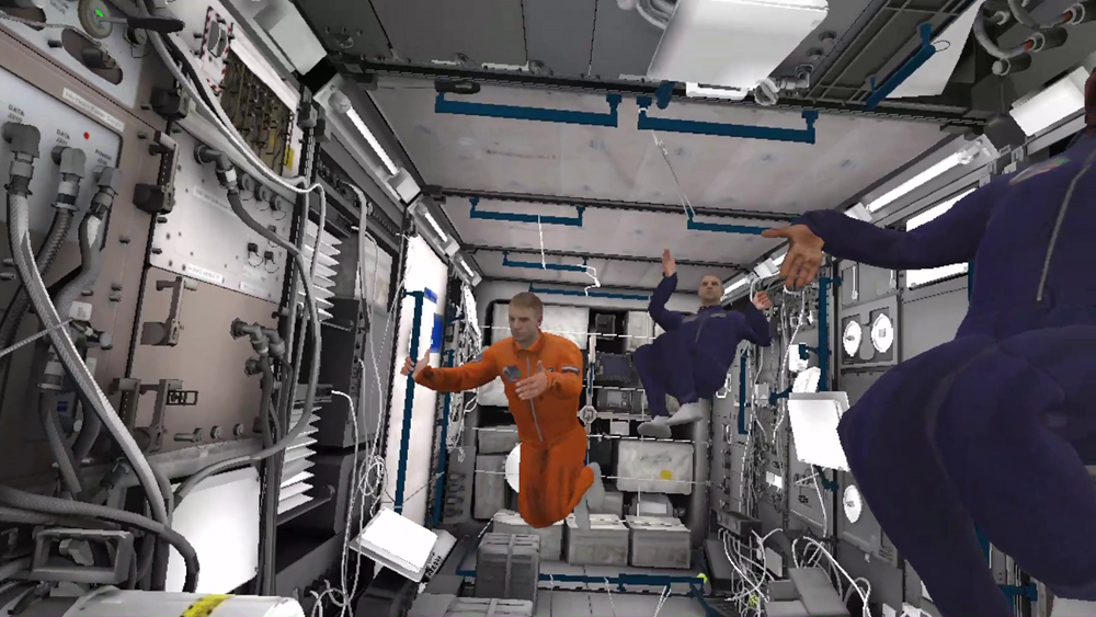 Slik ser det virtuelle romlaboratoriet ut, gjenskapt av PaleBlues programmerere. En astronaut kan, via 3D-briller og styrespaker, trene på samarbeid med avatarene som styres av hans kolleger som kan sitte et annet sted i verden.