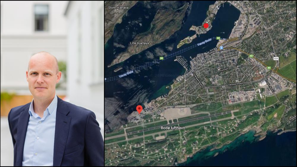 Morten Solberg Watle, daglig leder i GreenH, har sett seg ut ei tomt like ved Bodø Lufthavn. Sammen med Linde vil de levere hydrogen til Vestfjordsambandet (Værøy-Bodø på kartet) og til sildoljefabrikken Pelagia (rød prikk nord for sentrum). 