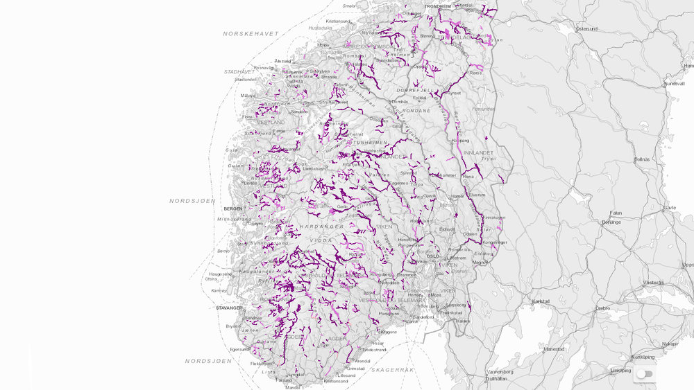 Over 5.000 vannforekomster i Norge er påvirket av vannkraft. Om lag 1.500 har fått unntak fra miljømål i EUs vanndirektiv. Skjermdump: Vann-nett
