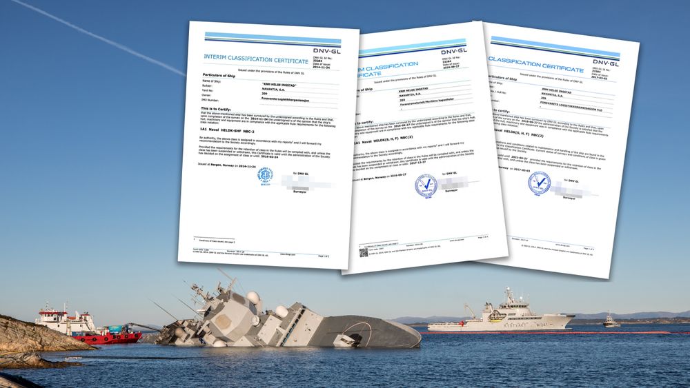 Klassesertifikatene som DNV GL utstedte til KNM Helge Ingstad.