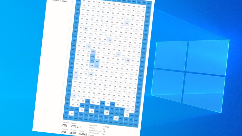 Med nok prosessorkjerner tilgjengelig er det mulig å lage punktgrafikk og animasjoner i Oppgavebehandling-verktøyet i Windows. Helt perfekt er det ikke, da en enkelte kjerner belastes på feil sted. Det skyldes trolig andre prosesser som kjøres på det samme systemet.