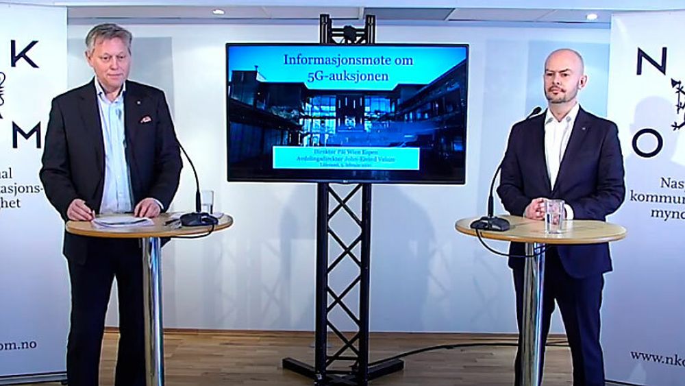 Fredag la Nkom-sjef Pål Wien Espen og frekvensdirektør John-Eivind Velure fram reglene for 5G-auksjonen via videokonferanse.