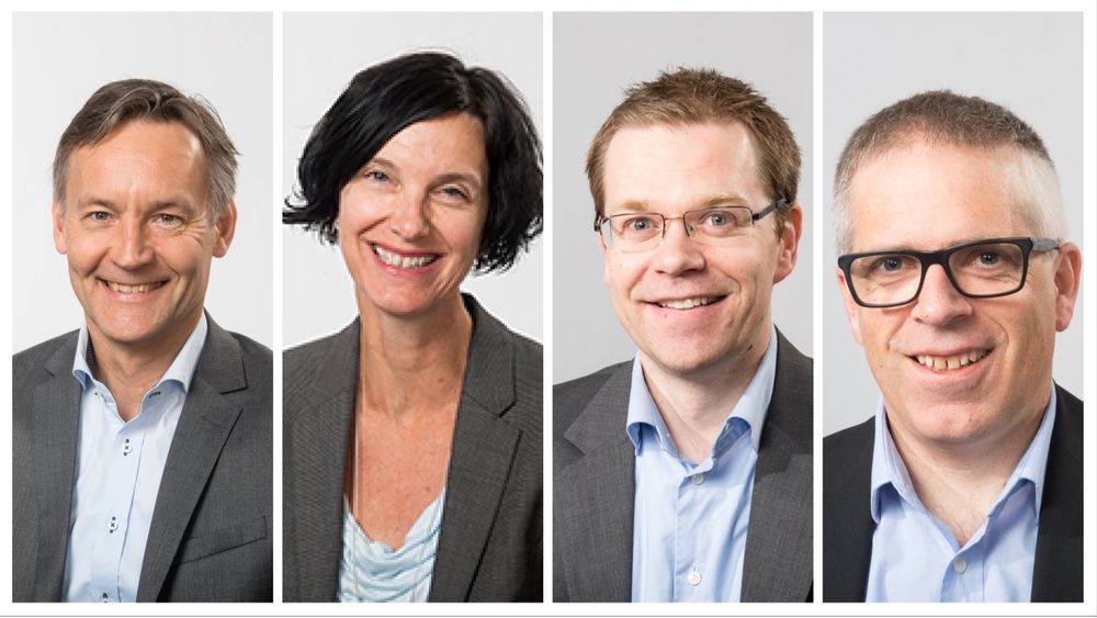 Disse vil bli toppleder ved Forsvarets forskningsinstitutt. Fra høyre: Espen Skjelland, Janet Martha Blatny, André Pettersen og Trygve Sparr.