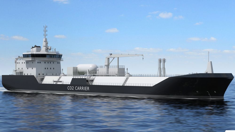 Skisse av et tankskip for frakt av flytende karbondioksid. Wärtsilä har utviklet tankarrangement og laste/lossesystem og lasthåndtering. Illustrasjon: Wärtsilä