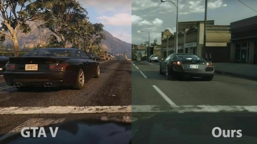 Grand Theft Auto V skilter allerede med høy grad av realisme, men har nådd fotorealistisk nivå (t.h.) ved hjelp av kunstig intelligens.