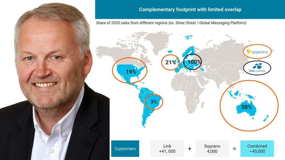 Jens Rugseth er gründer og styreleder i Link Mobility. Her er han satt sammen med et bilde fra presentasjonen av kjøpet av australske Soprano for 3,6 milliarder kroner. Det viser den globale tilstedeværelsen selskapet får når handelen er gjennomført.
