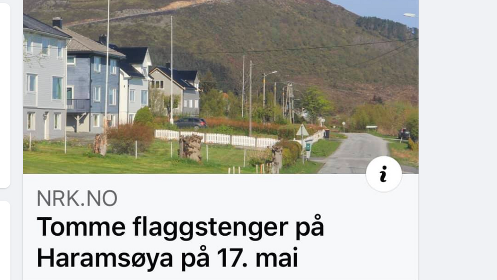 «Over heile landet blir det norske flagget heist til topps i dag. Men på Haramsøya på Sunnmøre er situasjonen annleis,» skrev NRK 17. mai. Nå viser det seg at bildet er misvisende (skjermdump).