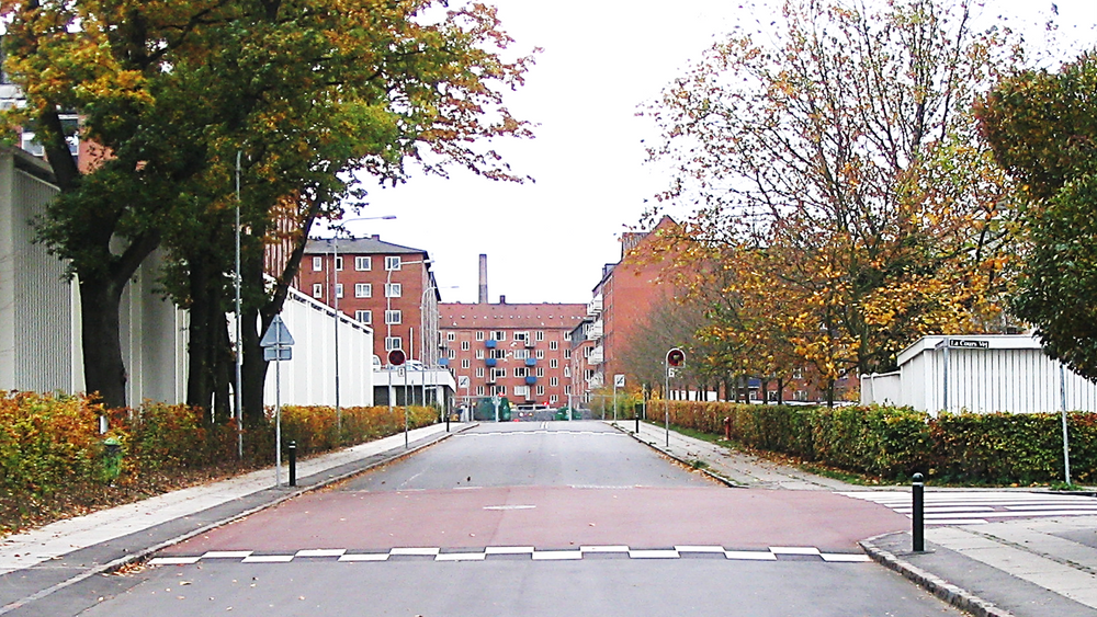 Dette eksempelet på opphøyd kryss i Danmark finnes i Frederiksberg kommune. Dette krysset er etablert med rødt belegg for å gi økt synlighet og oppmerksomhet.