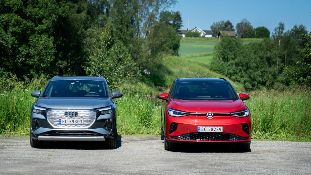 Audi Q4 E-tron og Volkswagen ID.4 er to elbiler fra Volkswagen-gruppen. Den tyske bilgiganten havnet på en knepen andreplass i det vest-europeiske elbilmarkedet i første kvartal, ifølge en analyse.