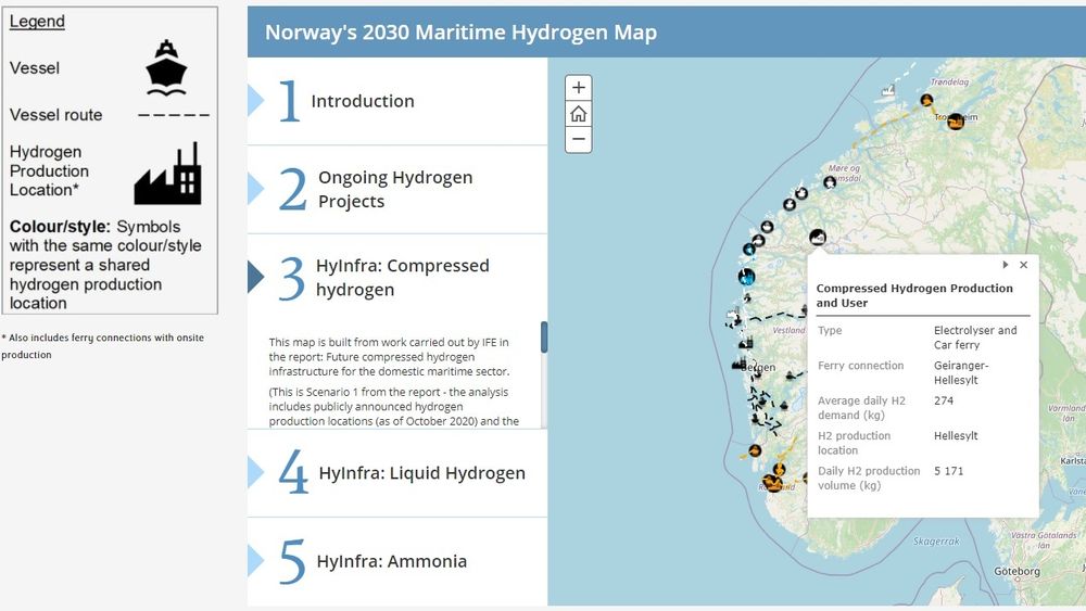 Det interaktive kartet viser hvor det er mest gunstig å plassere produksjonssteder for hydrogen og ammoniakk ut fra kjente prosjekter og planer for bruk i maritim sektor.