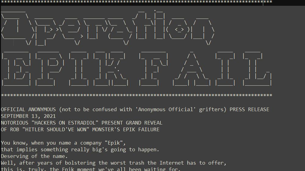 Utsnitt av pressemeldingen fra Anonymous om Operation Epik Fail mot det amerikanske hostingselskapet Epik.