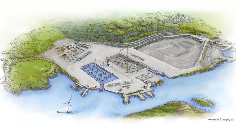 Slik ser initiativtakerne for seg at steinbruddet til Norsk Stein ved Jelsa kan bli bygget om til tørrdokk og kaianlegg for produksjon av komplette havvindmøller.