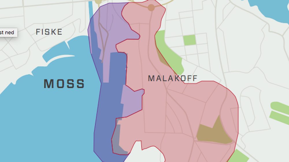 Rosa områder viser kvikkleiresonen, blå områder viser utløpsområde for kvikkleiren. Planlagt dobbeltspor og stasjon skal gå sørover langs fjorden, i vekselvis blå og rosa sone. Kart basert på NGI-rapport fra februar i år. 