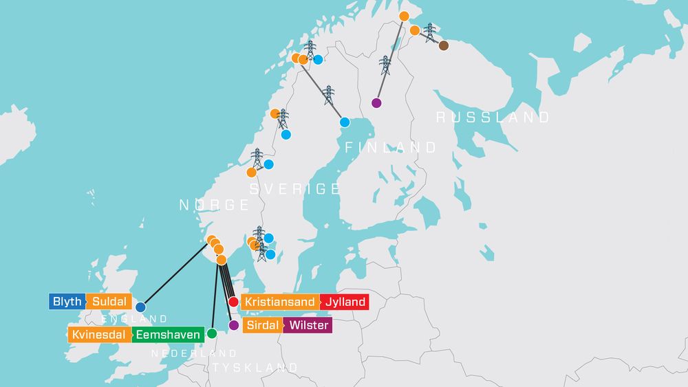 Detter alle Norges utenlandskabler og -linjer per oktober 2021. Den omdiskuterte kabelen Northconnect til Skottland er ikke vedtatt, men derimot satt på vent av Stortinget.