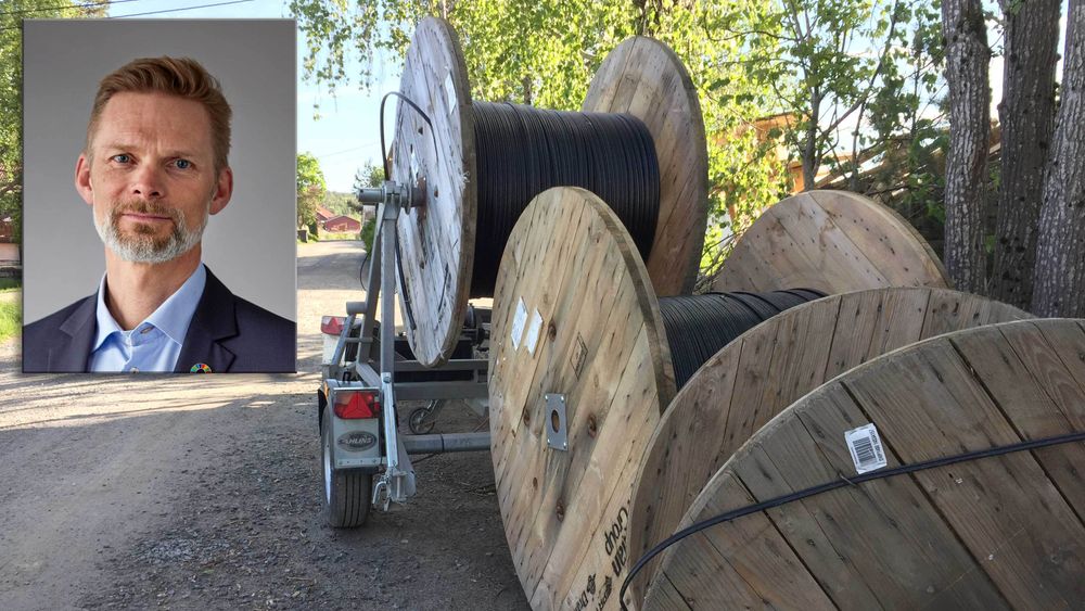 Administrerende direktør Øyvind Husby i IKT-Norge montert inn i et bilde av kabeltromler med luftfiber. Husby kommer her med råd til den nye regjeringen.