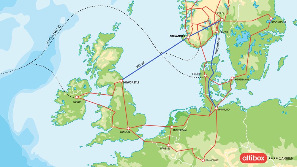 Kartet viser den europeiske fibernettstrukturen Norge nå for alvor blir en del av. Det neste utbyggingsprosjektet er en ny og raskere fibermotorvei strake veien over fjellet mellom Stavanger og Oslo.