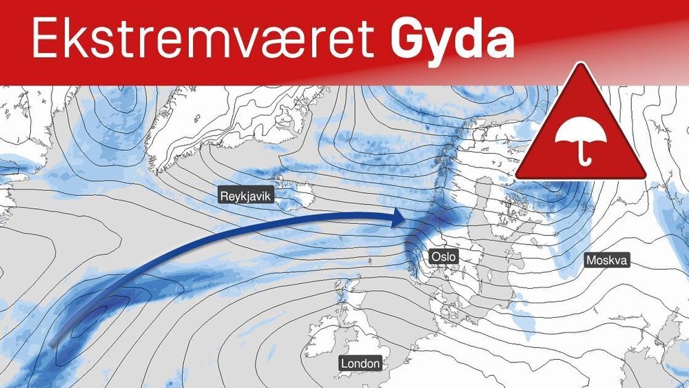Yr har laget denne illustrasjonen. Den viser den atmosfæriske elven som forårsaker ekstrem nedbør og vind.