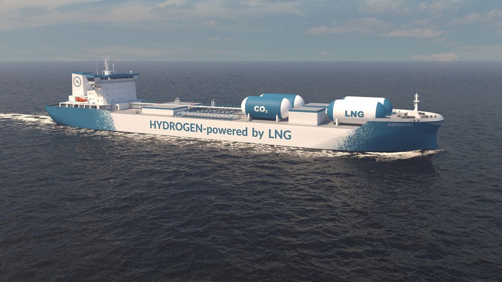 Tankskip med reformeringsanlegg om bord for å produsere hydrogen i et reformeringsprosessanlegg om bord. CO2 fanges og lagres i egne tanker.