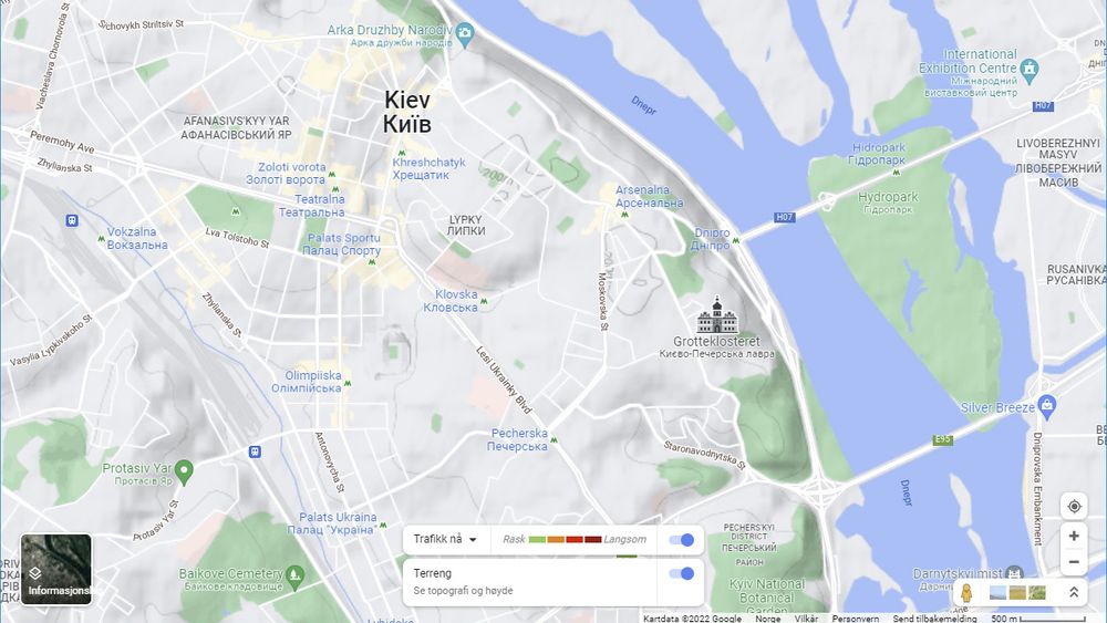 Det er ingen informasjon om trafikken i Kyiv (Kiev) i Google Maps mandag formiddag.