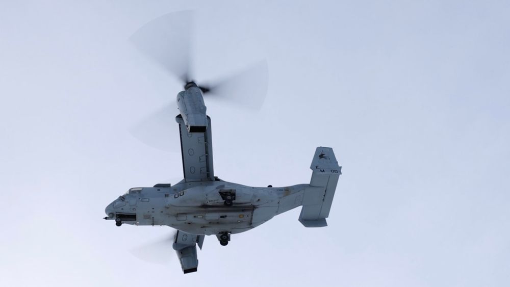 Et bilde frigjort av Forsvaret viser flyet av typen Osprey, tatt i Norge 19. februar i år.