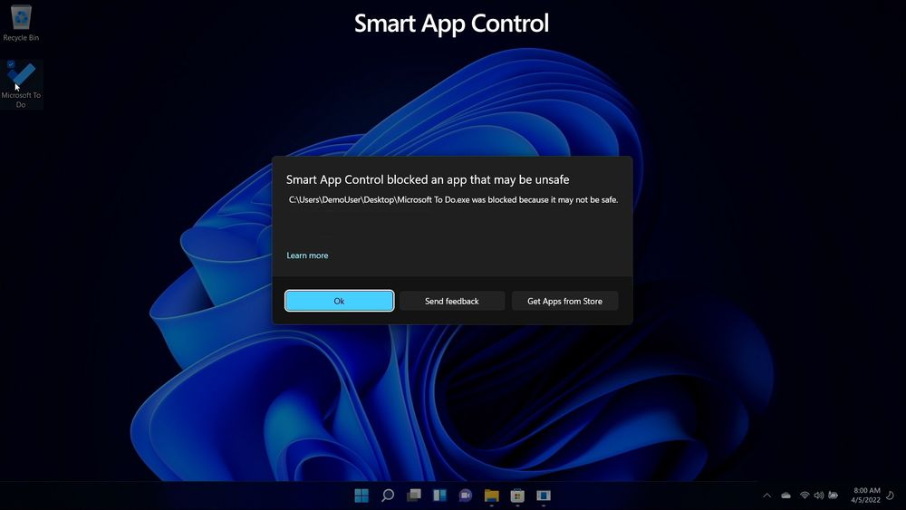 Den kommende Smart App Control-funksjonen i Windows 11 blokkerer en antatt ondsinnet app.