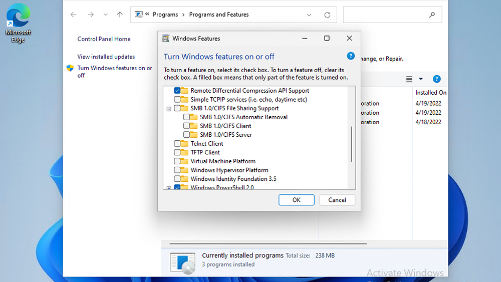 Bilde av hvor i Windows 11 støtten for SMB 1.0/CIFS kan installeres i kommende versjoner av Windows 11 Home Edition.